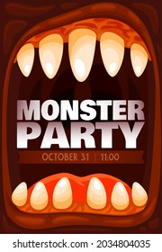 Monster party vector invitation of Halloween holiday in frame of horror zombie monster mouth or screaming jaws of ogre with creepy teeth. Cartoon poster of Halloween trick or treat night celebration