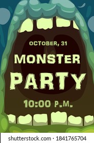 Monster party vector poster of Halloween horror holiday. Open mouth with teeth of spooky zombie, green ogre, bigfoot or troll, screaming alien creature frame border of trick or treat party invitation