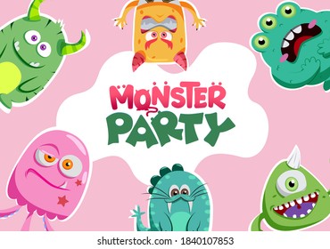 Monster party vector template banner design. Monster party text with scary characters like squid, devil and sealion for creepy cartoon kids party design. Vector illustration. 