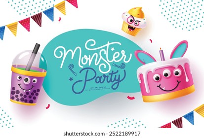 Diseño de Plantilla de Vector de fiesta de monstruo. Texto de saludo de Halloween de cumpleaños con bebidas, pastel y personajes de pastel de taza Elementos en fondo abstracto blanco. Diseño de tarjeta de invitación de Ilustración vectorial. 
