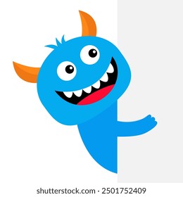 Monster peek from corner. Happy Halloween. Blue head face silhouette. Cute Funny Kawaii cartoon baby character. Orange horns, fang teeth, tongue. Sticker print. Flat design. White background. Vector