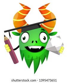 Monstro com caneta e envelope, ilustração, vetor sobre fundo branco.