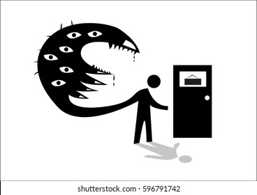 A Monster Or Phobia Seems Attack Its Host. Editable Clip Art.