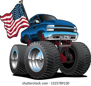 Monster Pickup Truck with USA Flag Cartoon Isolated Vector Illustration