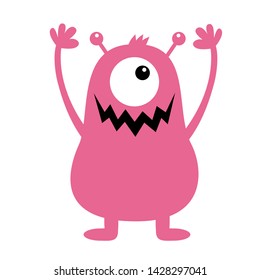 Monster pink silhouette. Cute cartoon kawaii scary funny character. Baby collection. One eye, fang tooth, hands, horns hair. White background. Happy Halloween. Flat design. Vector illustration