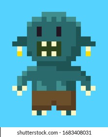 Monster pixel character, portrait and full length view of beast with teeth, robot or orge in flat design style on blue, space symbol, monstrosity vector