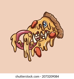 Monster pizza melting with sharp teeth and long tongue cartoon vector illustration