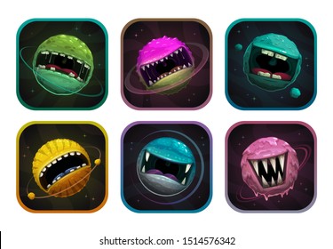 Monster planet with giant mouth, fantasy cosmic game concept. Cartoon evil planets set. App icons for space war games logo design. Vector illustration.