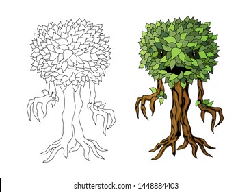 Monster plant illustration coloring book page design with colored sample. Vector label isolated on white background. Outline drawing Character cartoon creature asset