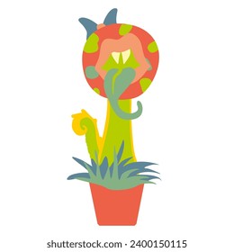 Monster plant illustration. Vector icon, isolated on white background. Fantastic alien, Floral or Wildlife Flat Hand drawn design object for Art, Postcard, Book. Terrify Mascot in Flowerpot with Teeth