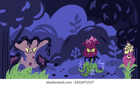 Monster plant landscape. Ominous fabulous forest landscape. Flowers and mushrooms. Predatory botany elements. Carnivorous creatures. Night woodland. Mystic flora. Garish