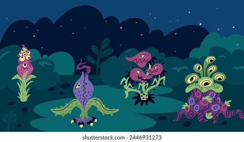 Monster plant location. Night forest with predatory flowers. Fantasy evil botany. Creepy landscape. Strange flora. Mystic creepy flytraps. Carnivorous creatures. Garish