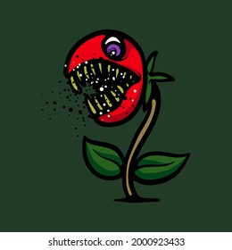 Planta de monstruo. Ilustración del vector de criatura mitológica. Flor de carne con dientes afilados. Dibujo aislado en el fondo verde