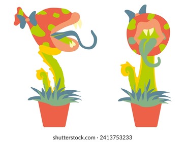 Monster Plant set illustration. Vector Fantasy scary Flower in Flower pot with Tongue and Lips. Flat Botany Illustration, Side and front view, isolated on White background for Book, Card, Game, Poster