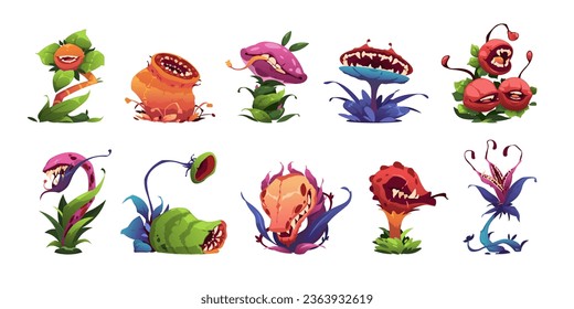 Plantas de monstruo. Caricatura de plantas carnívoras espeluznantes, malvadas plantas verdes alienígenas con dientes y colmillos, graciosos íconos de la flora de mascota animal. Un conjunto de vectores de monstruos de la planta de la ilustración aterradora