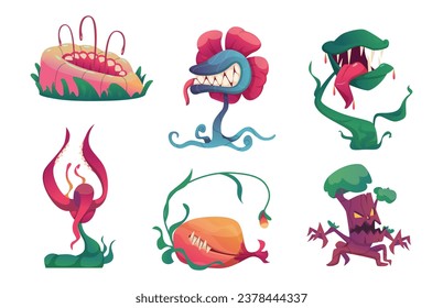 Plantas de monstruo. Plantas atemorizantes de fantasía con boca grande con dientes ilustraciones vectoriales exactas de cuento de hadas en estilo de caricatura