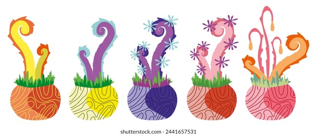 Monster Plants in Flowerpots Set Illustration. Vector Fantasy Scary Colorful Botany Collection. Botanical Objects with Predators Isolated on White. Alien and Fantastic Floral Design Graphic Art.