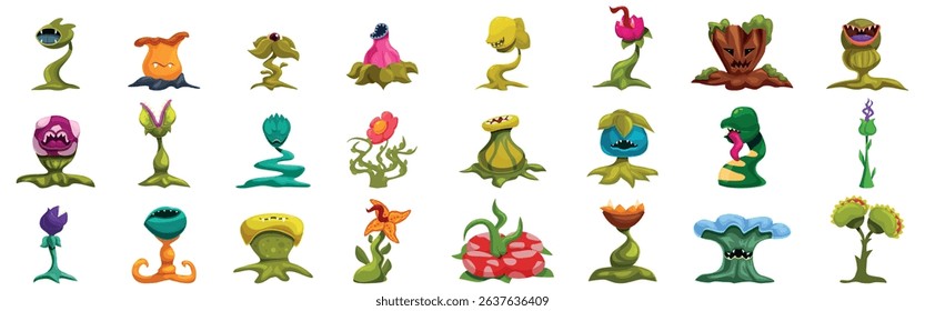 Monster plants icons set. Diverse cartoon plants showcasing unique and imaginative designs