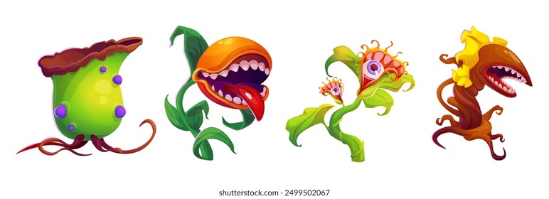 Plantas de monstruo aisladas sobre fondo blanco. Ilustración de dibujos animados de Vector de flores de miedo con dientes y lengua en la boca mordedora, grandes ojos espeluznantes, hojas tóxicas venenosas, flora extraterrestre, iconos de juego UI