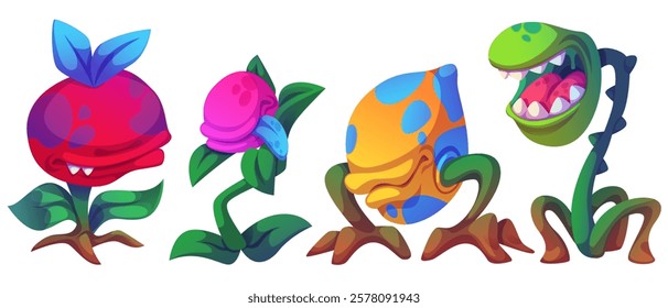 Monster plants set isolated on white background. Vector cartoon illustration of giant alien flower with open toothy mouth and tongue, scary fairytale garden creatures, biting predator in magic forest