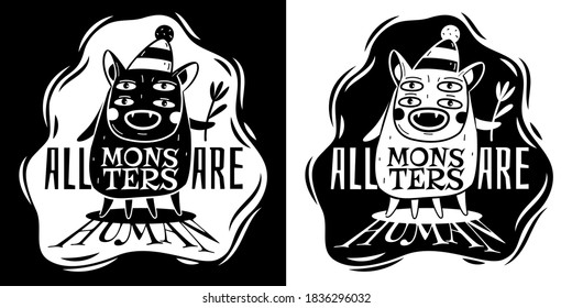 Monster poster. Funny black and white monsters with big mouth and fangs, bizarre happy creature troll characters sticker, spooky halloween mutant or goblin silhouette vector design for t-shirt prints