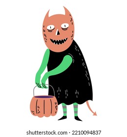 Monster With Pumpkin Basket. Hand Drawn Halloween Illustration