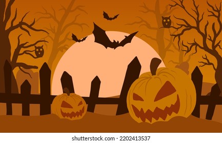Monster Pumpkin with Bat. Scary Halloween Silhouette Banner. Halloween Night Scene Background.