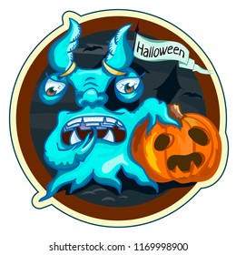 Monster with pumpkin for Halloween-blue