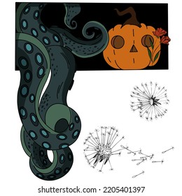 monster pumpkin with octopus tentacles halloween illustration