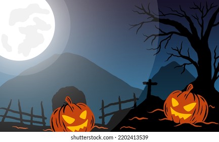 Monster Pumpkin Scary Halloween Silhouette Banner. Halloween Night Scene Background.