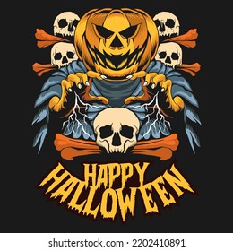 Monster Pumpkin with Skull Halloween Background. Halloween T shirt Design.