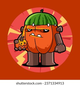 Monster Pumpkin. Spooky Horror Cartoon Creature Character Illustration.
