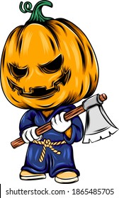 The monster pumpkin using the karate costume and holding the axe