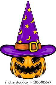 The monster pumpkin using the purple witcher hat full with the star and bright moon