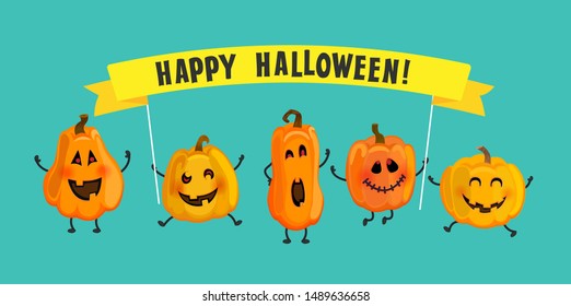 Monster pumpkins with Halloween banner. Cute characters invite you to celebrate holiday with them. Vegetables in different poses, template for your design,poster, greeting card. Vector illustration.