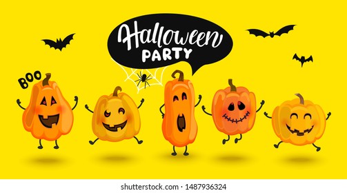 Monster pumpkins invite to Halloween party,banner, poster, greeting card. Cute characters with speech bubble,spider, web and bat. Vegetables in different poses,template for design.Vector illustration.