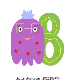 Monster purple girl cute funny kind with crown and festive congratulatory number eight isolated on white background. Design element for a childrens book or postcard. Vector illustration