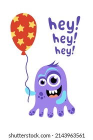 Monster. Purple jolly monster with balloon. Flat, cartoon, vector