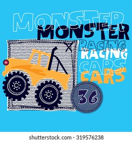 monster racing cars, T-shirt design vector illustration