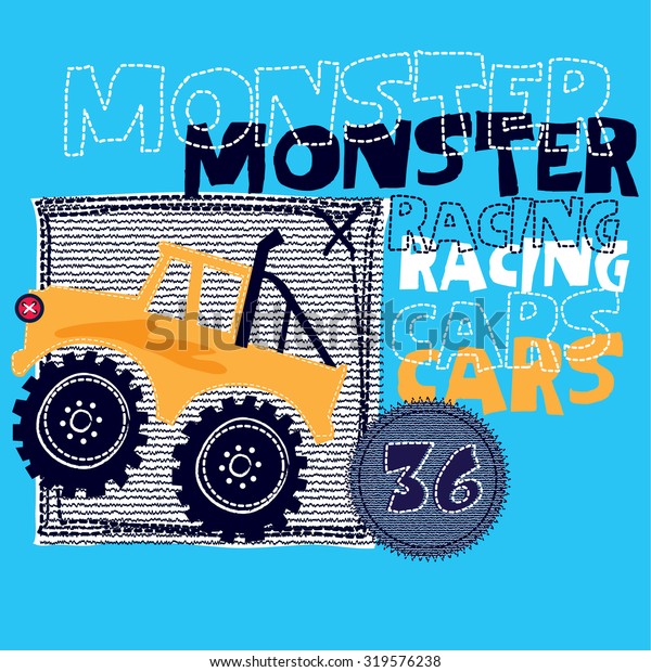 monster\
racing cars, T-shirt design vector\
illustration