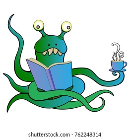 The monster reads and drinks tea