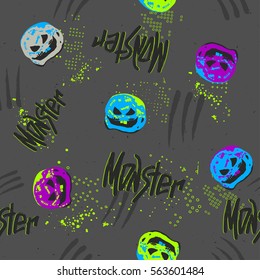 Monster repeated pattern for boys, clothes, textile. Grey gunge guys background with text, shape elements, evil had