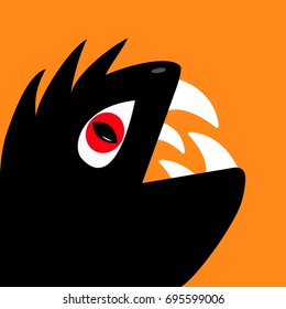 Monster reptile head silhouette with red devil eye, big fang tooth. Cute cartoon funny character. Black color. Baby collection. Isolated. Happy Halloween card. Flat design. Orange background. Vector