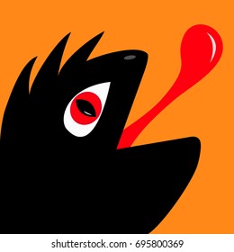 Monster reptile head silhouette with red devil eye, tongue. Cute cartoon funny character. Black color. Baby collection. Isolated. Happy Halloween card. Flat design. Orange background. Vector