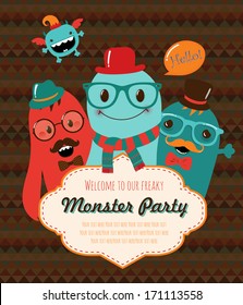 Monster Retro Party Invitation Card Design. Vector Illustration