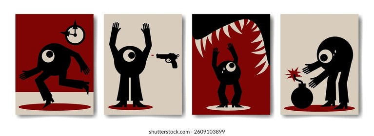 Monster with round body, human arms and legs, big eye. Set of flat vector illustration. Minimalist poster. 