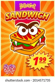 Monster sandwich menu. A vertical banner with a price tag for a fast food cafe on Halloween day. Vector illustration.