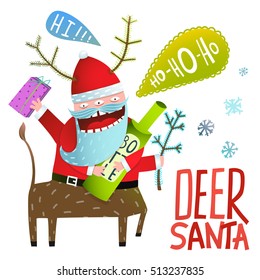 Monster Santa Deer Christmas or New Year celebration holiday greetings. Deer Santa with bottle of drink and present winter holidays happy crazy cartoon. Vector illustration.