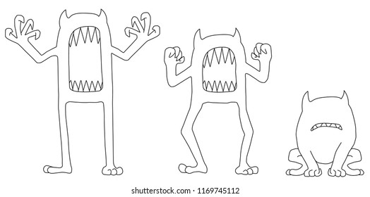 Monster scare growl poses, vector, horizontal line drawing, over white, isolated