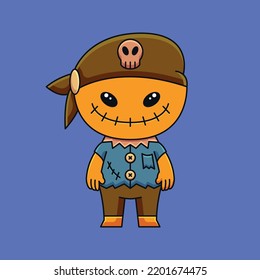 monster scarecrow using bandana hat halloween cute cartoon doodle icon illustration